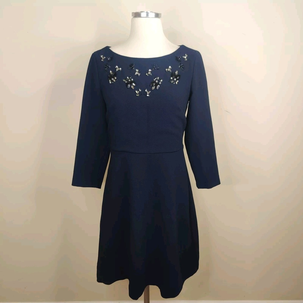 Banana Republic Dress Jewel Embellished 3/4 Sleeve‎ Navy